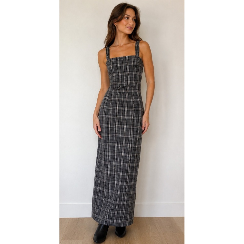 Vintage 90s Plaid Maxi Dress Gray Sleeveless Jumper Square Neck 7/8